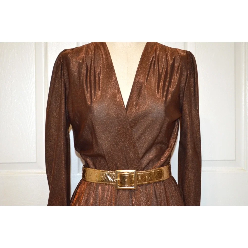 Vintage Montgomery Ward Brown Dress Womens 10 Fit Flare Maxi V Neck Shimmery